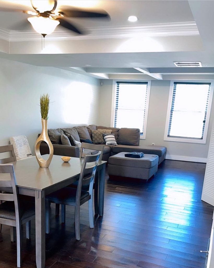 Spacious living room with dining area.